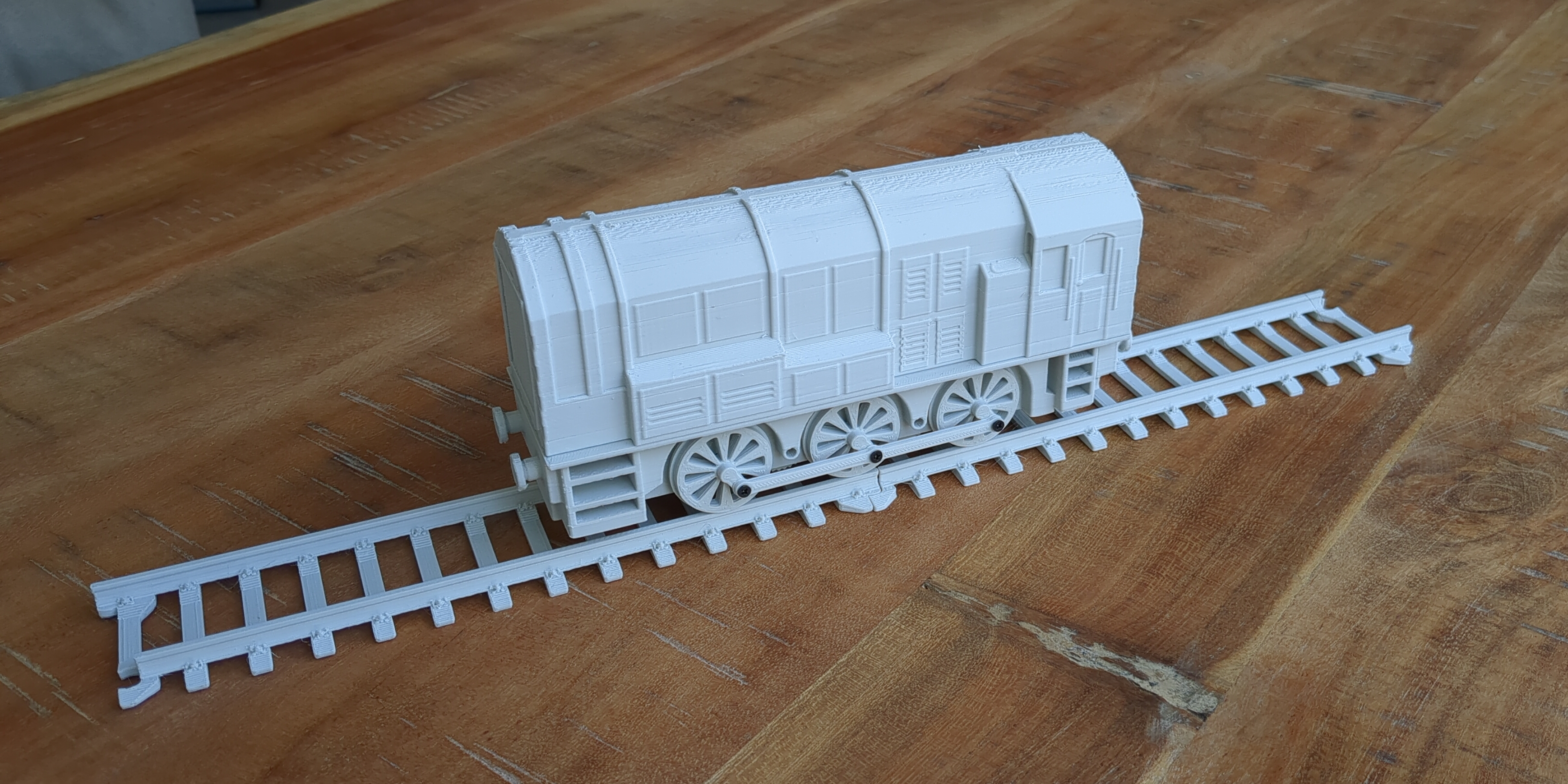 A side view of the left side of the locomotive.