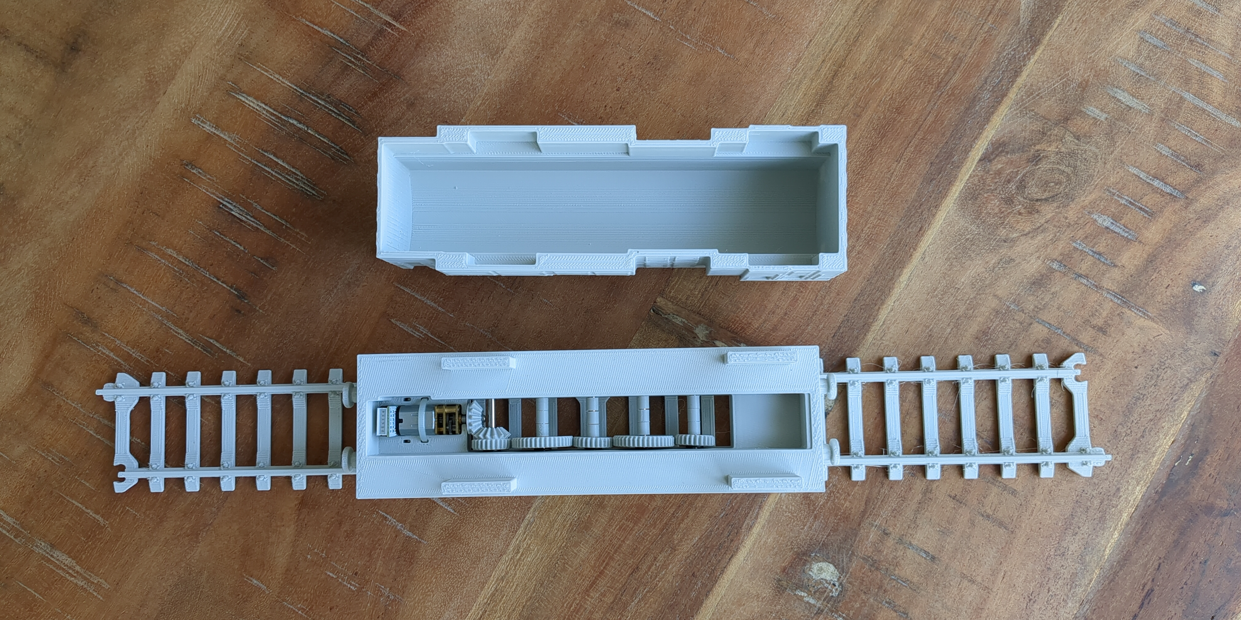 Top down view of the locomotive showing the two body parts and how they connect with a friction fit.