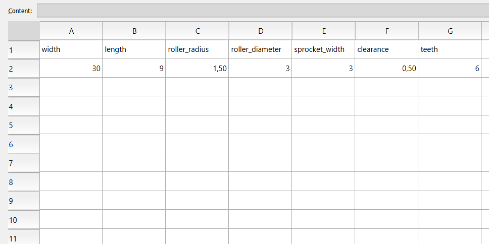 The spreadsheet with measurements in mm for parts of the design, like clearance and width.