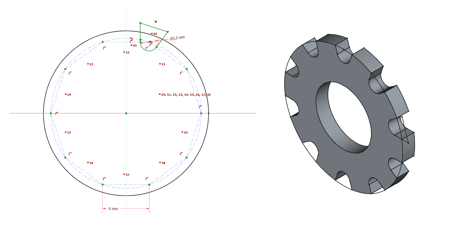 The sketch for the sprocket to drive the tracks.