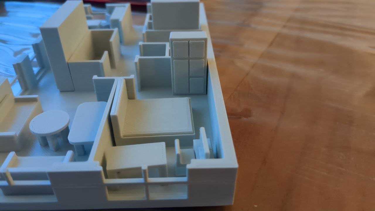 A closeup of some of the furniture printed at 16% for a 1:62.5 scale.